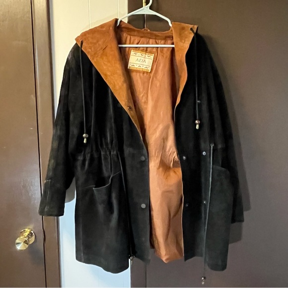 VTG Genuine Leather Suede Jacket Hoodie Coat Drawstring Waist Black Snap Closure - Picture 11 of 11